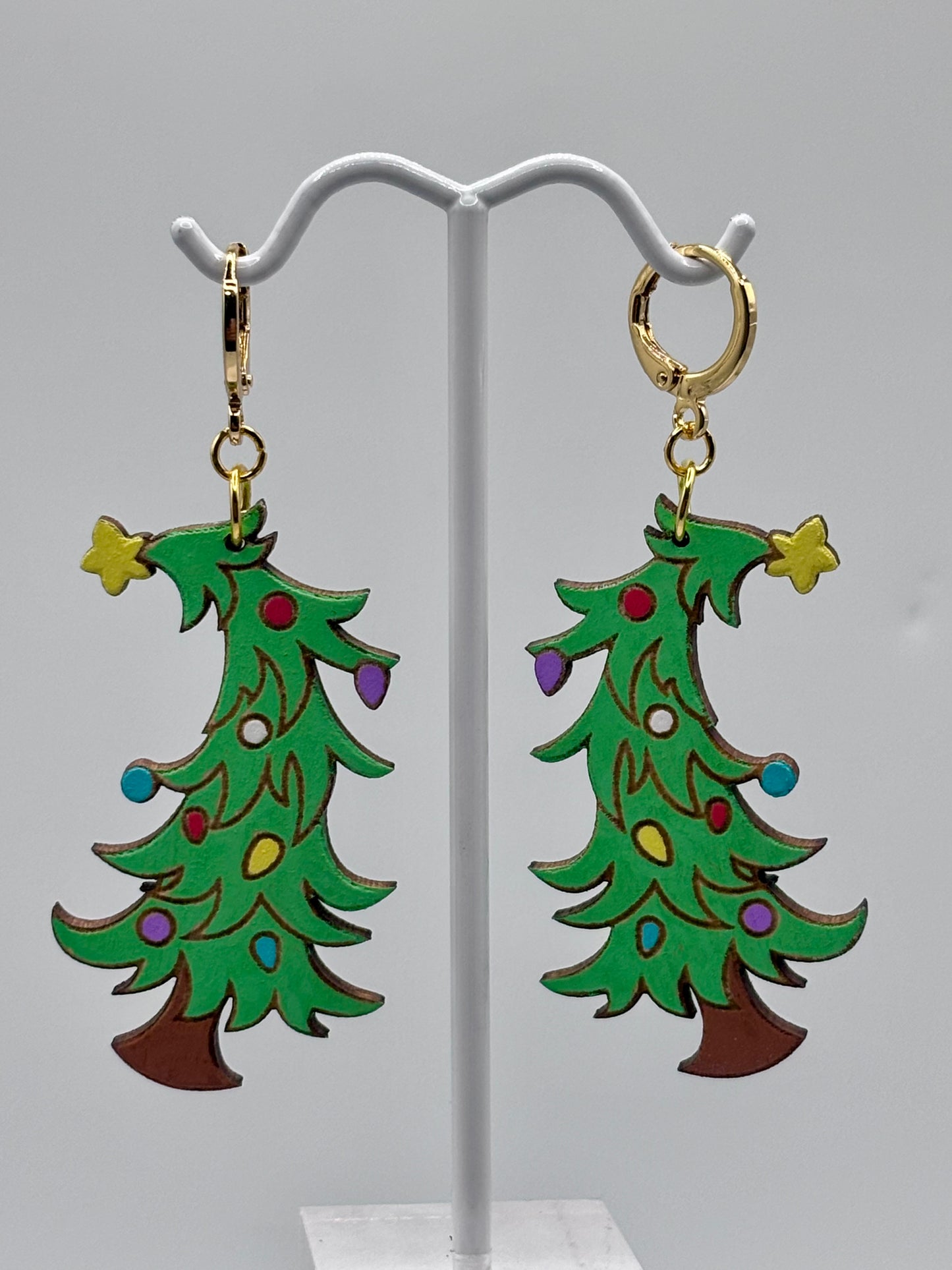 Hand Painted Adorable Christmas Tree Earrings with Hypoallergenic Clasp