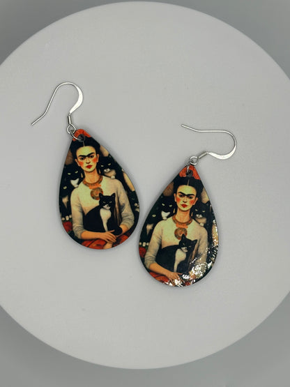 Handmade Funky Frida Kahlo Cat Earrings - Unique Wearable Art for Cat and Art Enthusiasts