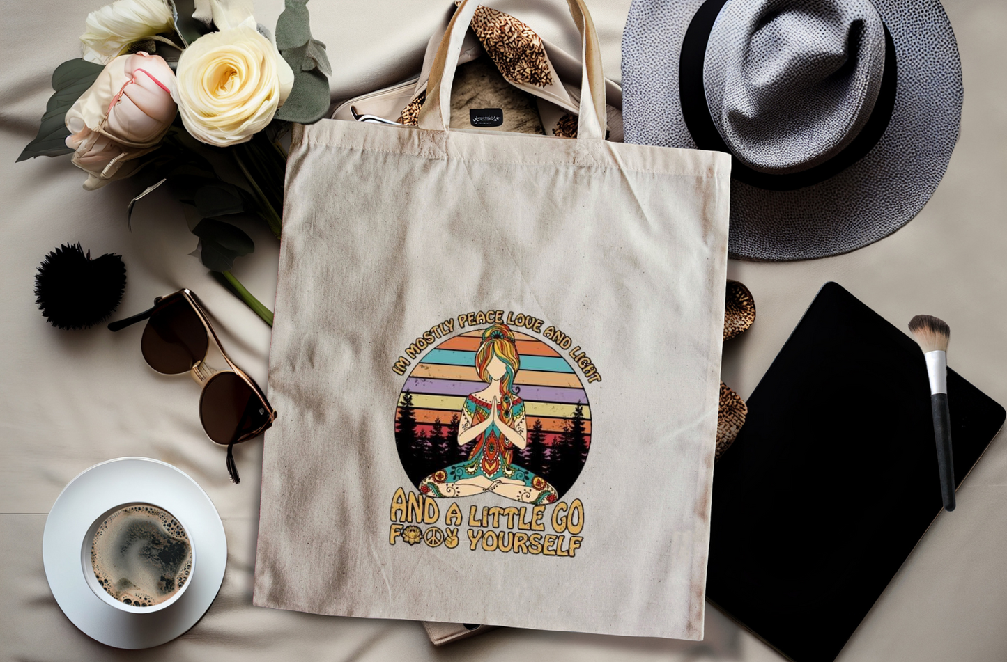 Natural Materials Canvas Tote Bag: Spread Peace, Love, and Light (with a hint of sass!)