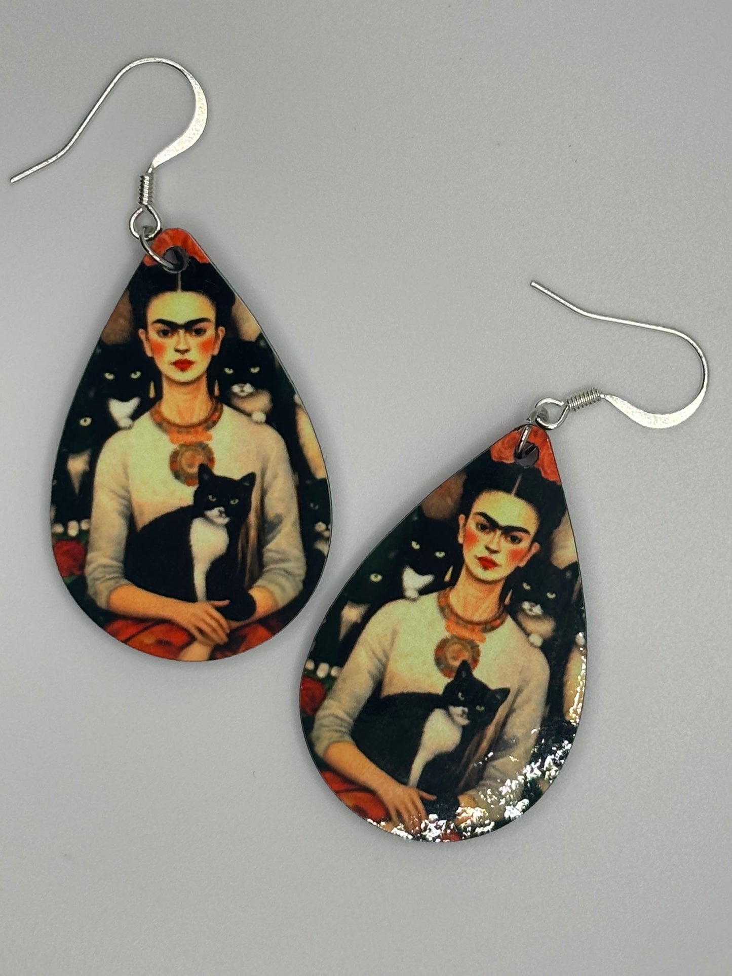 Handmade Funky Frida Kahlo Cat Earrings - Unique Wearable Art for Cat and Art Enthusiasts