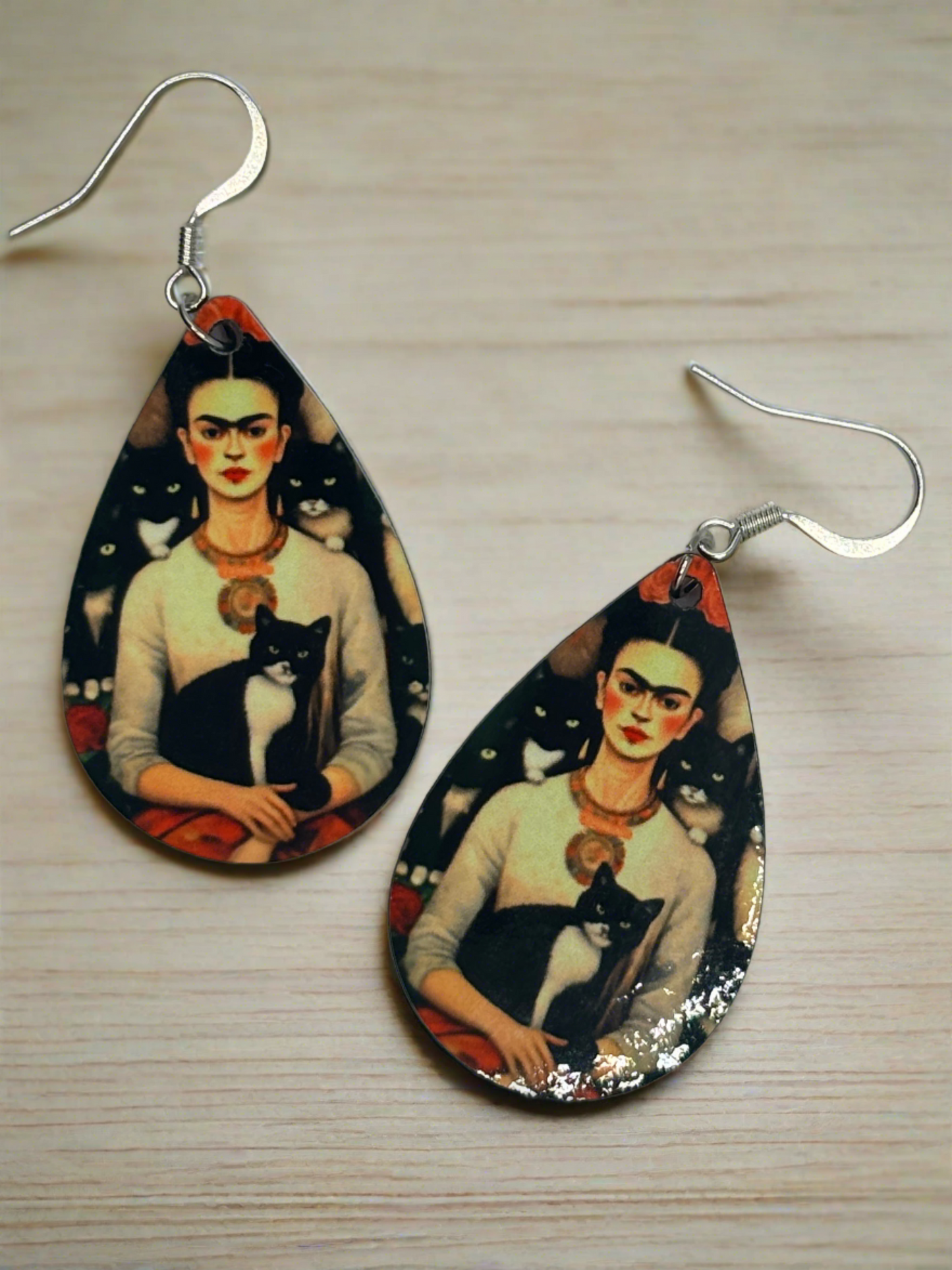 Handmade Funky Frida Kahlo Cat Earrings - Unique Wearable Art for Cat and Art Enthusiasts