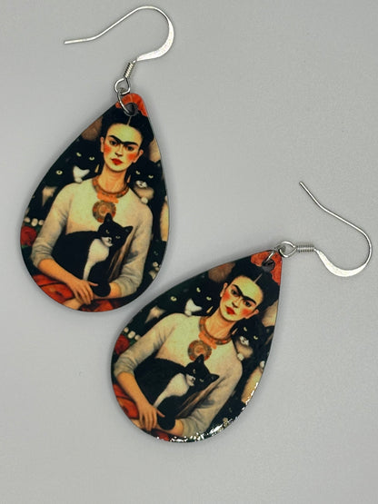 Handmade Funky Frida Kahlo Cat Earrings - Unique Wearable Art for Cat and Art Enthusiasts