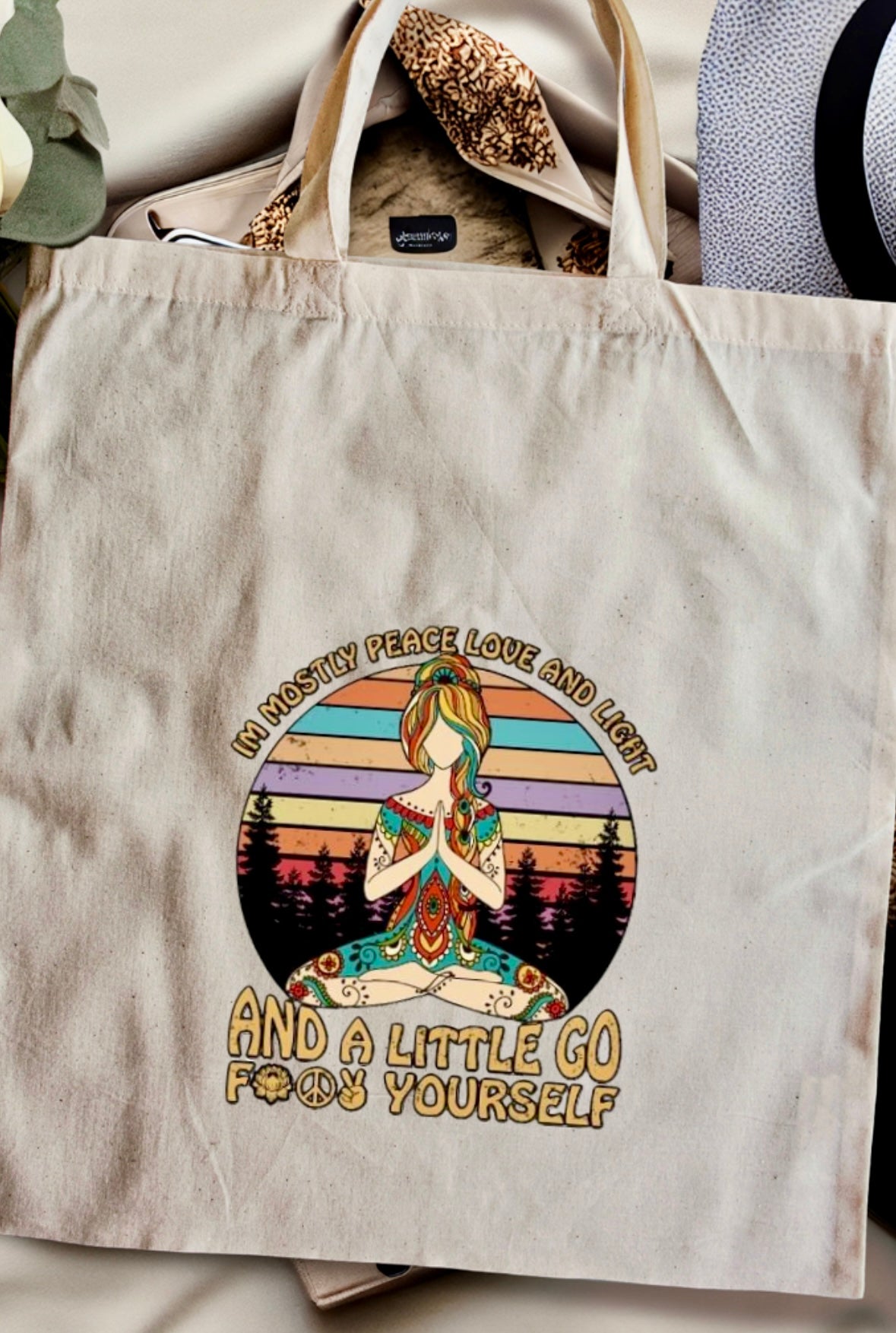 Natural Materials Canvas Tote Bag: Spread Peace, Love, and Light (with a hint of sass!)