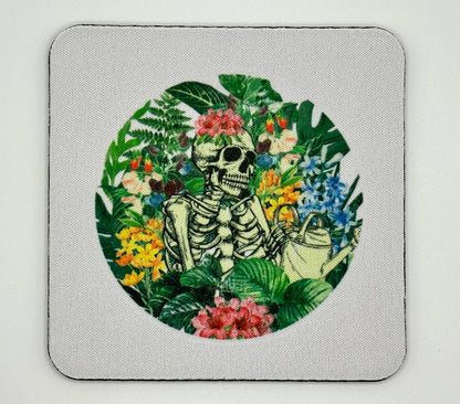 Gothic Chic: Set of 4 Coasters Featuring Plants and Skeletons - A Conversation Starter!