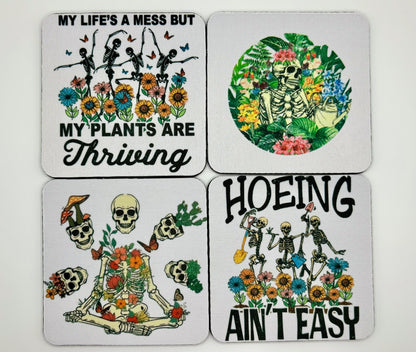 Gothic Chic: Set of 4 Coasters Featuring Plants and Skeletons - A Conversation Starter!